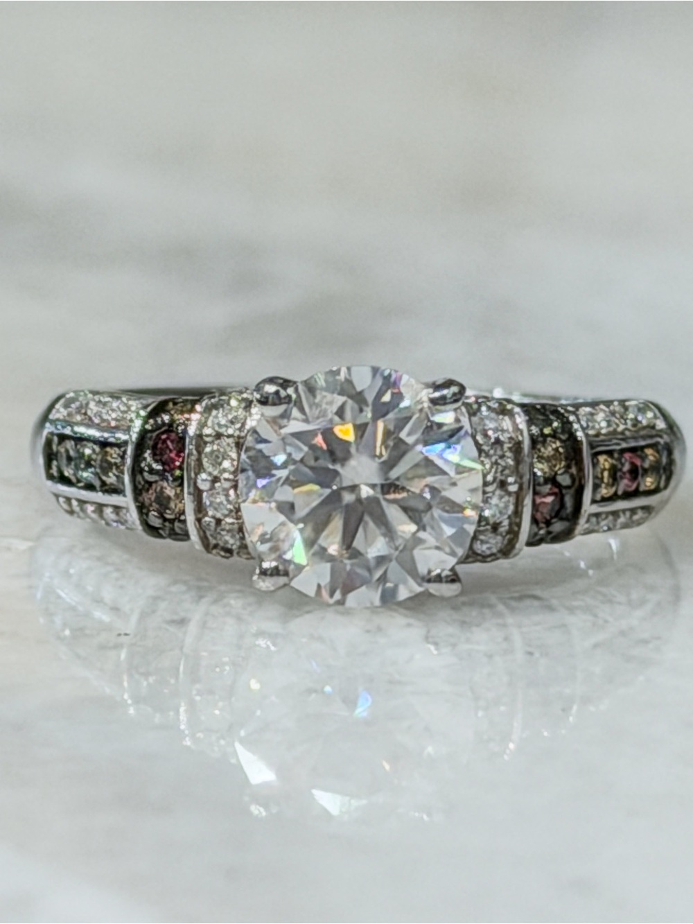 Moissanite & Multi Sapphire Sterling Silver Ring Sz 7
